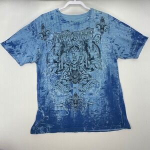 Y2K Raw State‎ Graphic T-Shirt Mens Large Blue Vintage Skulls Crest Affliction